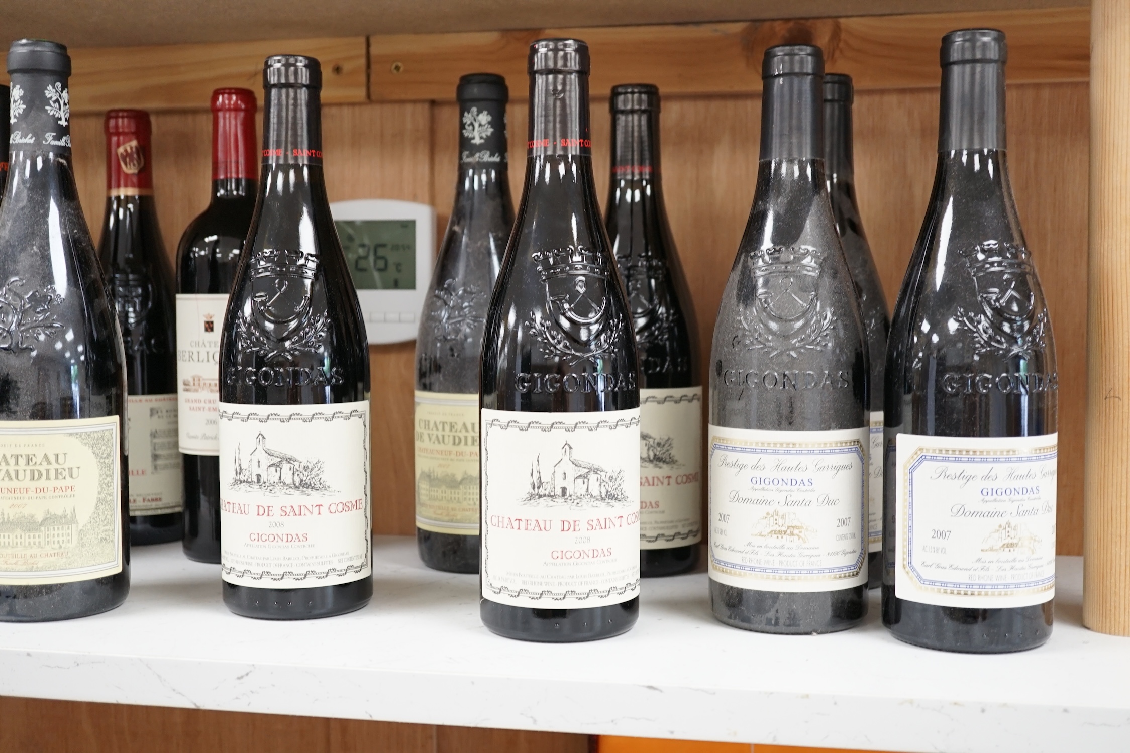 Sixteen bottles of wine to include Domaine Santa Duc 2007, Chateau de Vaudieu Châteauneuf du Pape 2007, Chateau de Saint Cosme 2008, Chateau Langoa Barton 1988, Chateau de Pennautier 2009, Domaine Pierre Usseglio & Fils